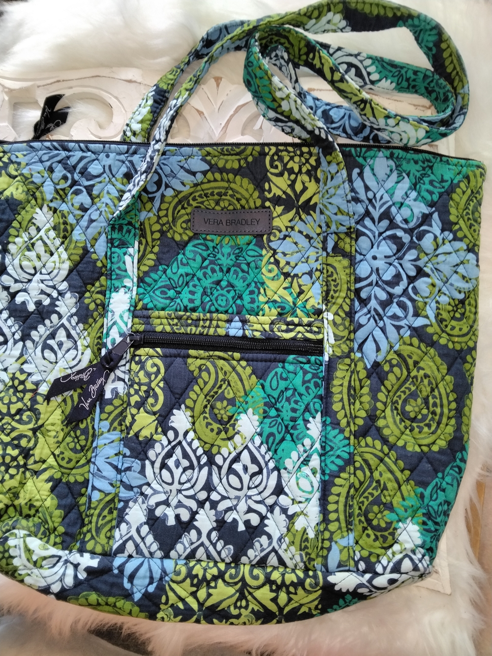 Vera Bradley Quilted Tote in Green, Teal, Blue, Black